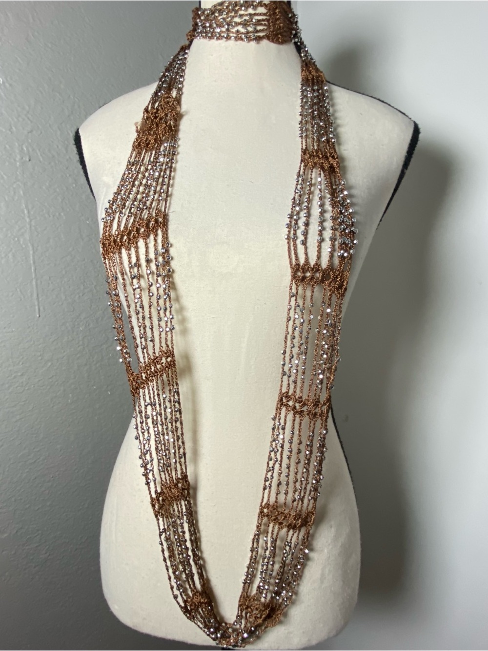 Y2K Brown Crochet Beaded Infinity Skinny Scarf